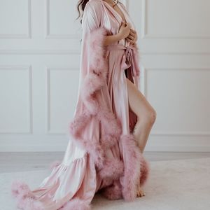 Dusty Rose Satin and Feather Robe